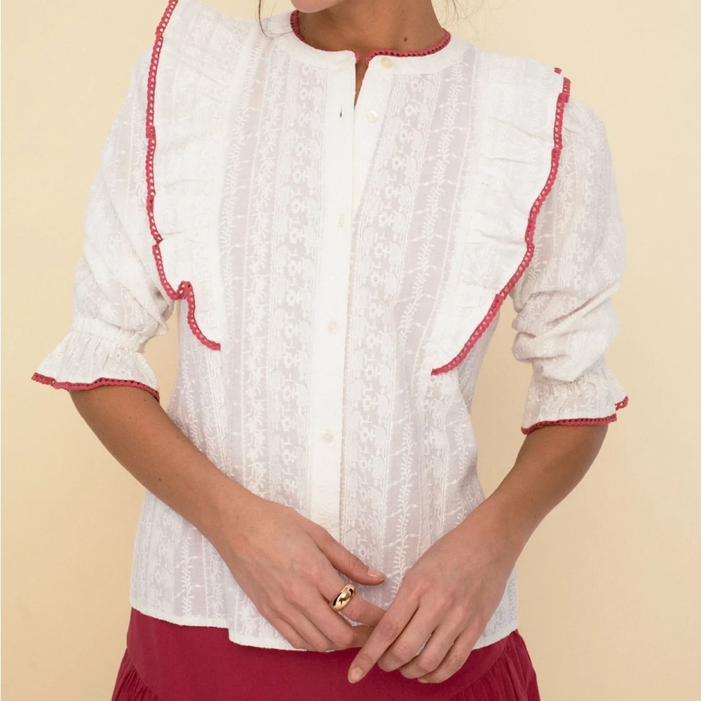 White Lace Ruffle Blouse with Pink Trim - Women